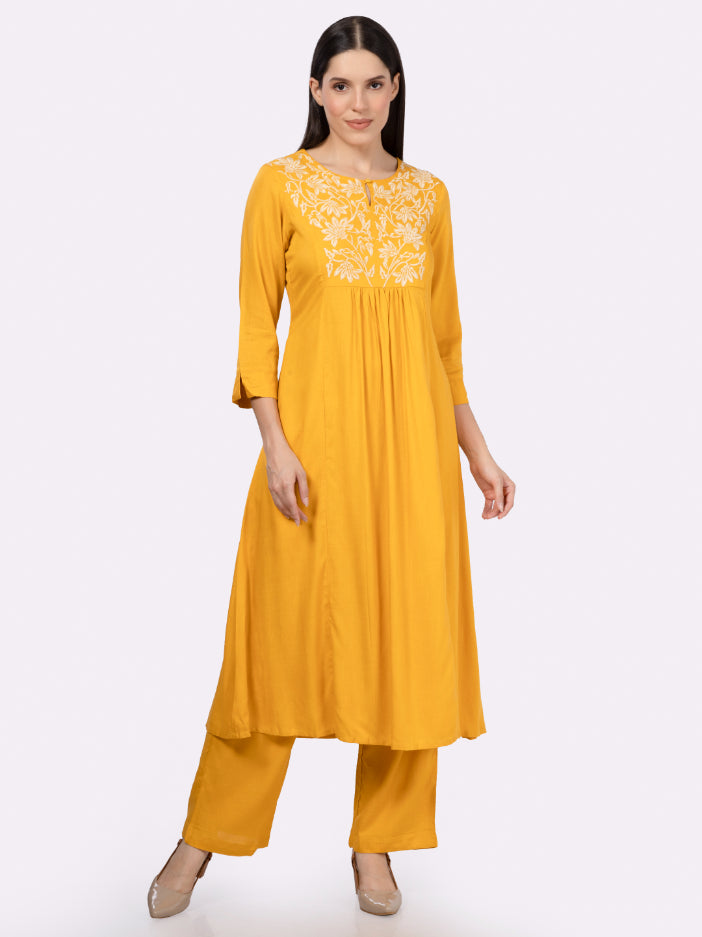Yellow Rayon Slub Embroidered Yoke Kurta Set