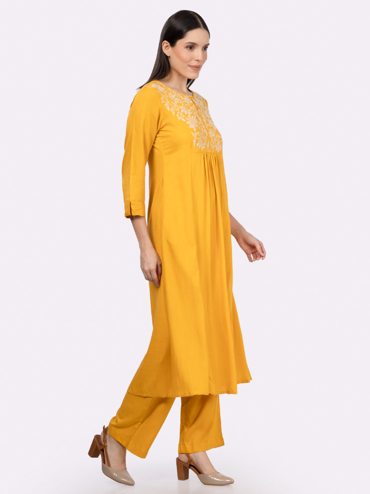 Yellow Rayon Slub Embroidered Yoke Kurta Set