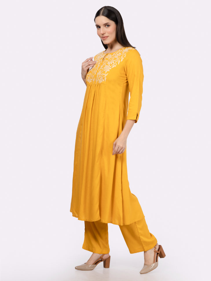 Yellow Rayon Slub Embroidered Yoke Kurta Set