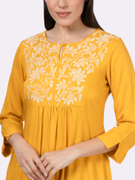Yellow Rayon Slub Embroidered Yoke Kurta Set