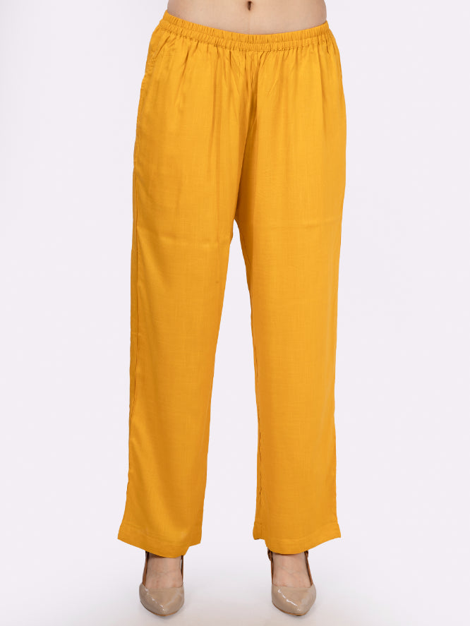 Yellow Rayon Slub Embroidered Yoke Kurta Set