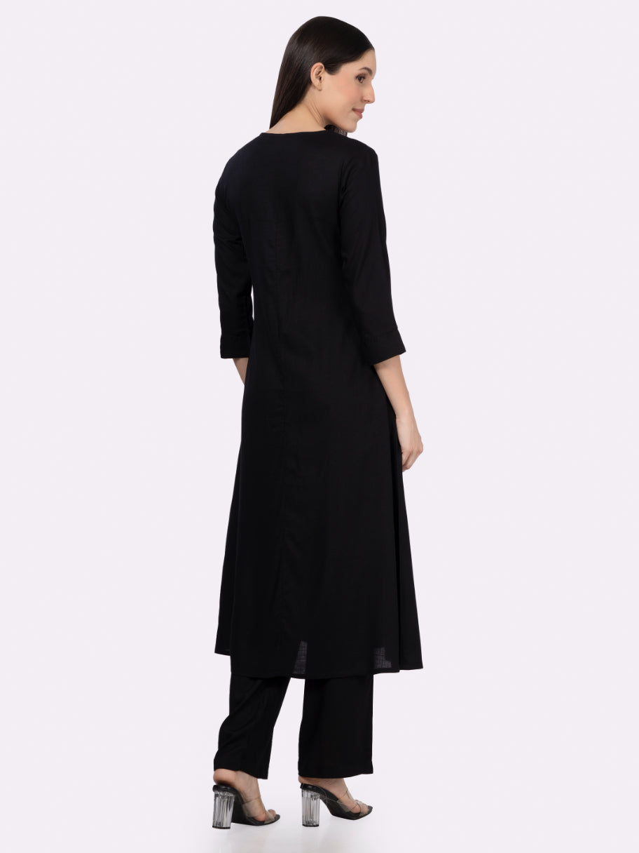 Black Rayon Slub Embroidered Yoke Kurta Set