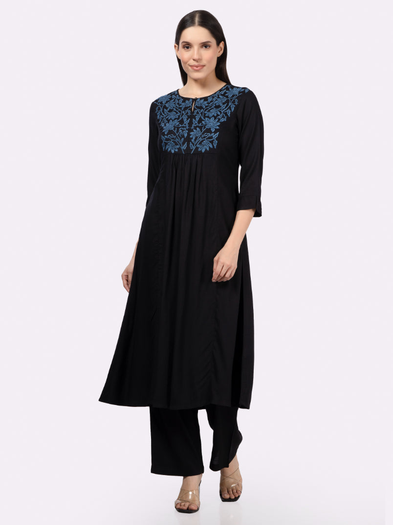 Black Rayon Slub Embroidered Yoke Kurta Set