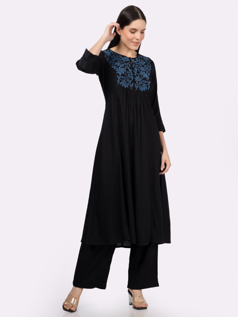 Black Rayon Slub Embroidered Yoke Kurta Set