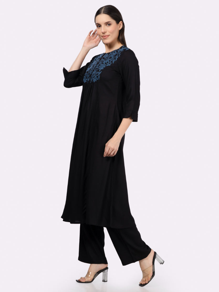 Black Rayon Slub Embroidered Yoke Kurta Set