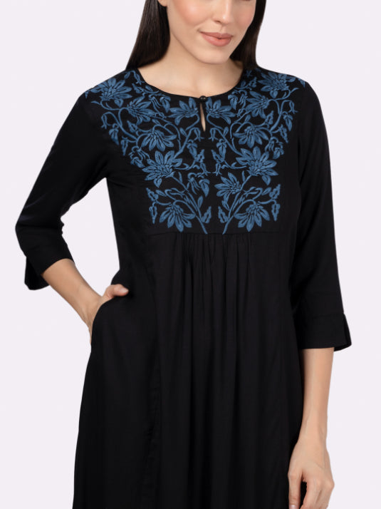 Black Rayon Slub Embroidered Yoke Kurta Set