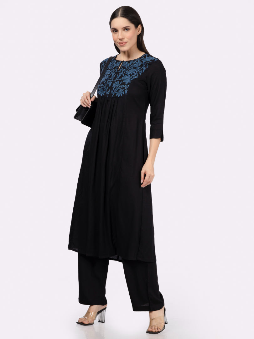 Black Rayon Slub Embroidered Yoke Kurta Set