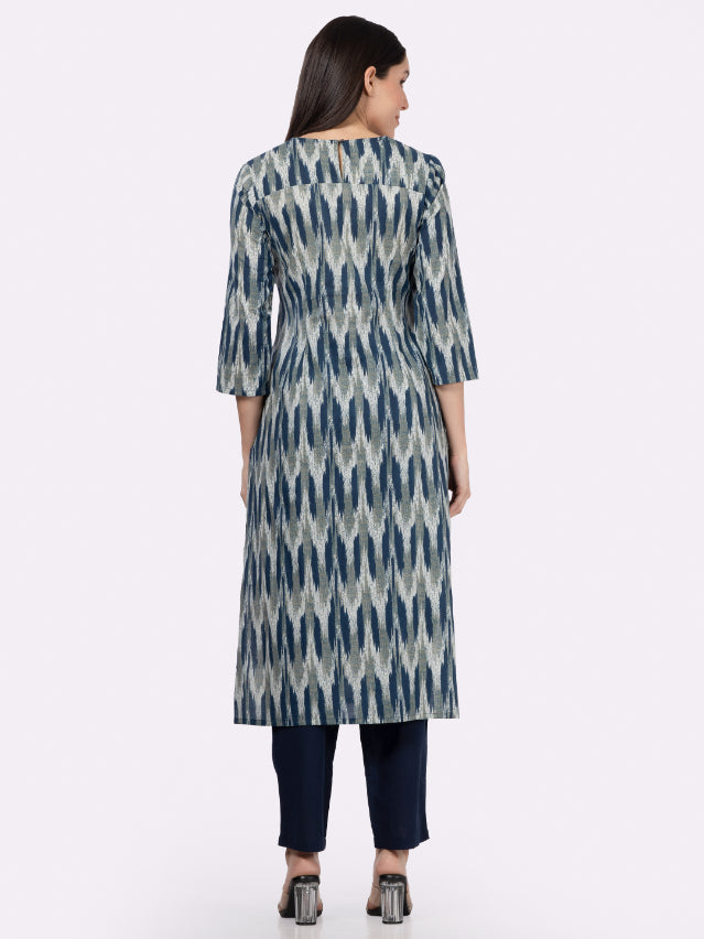 Navy Blue Neck Embroidery Cotton Kurta with Ikat Print