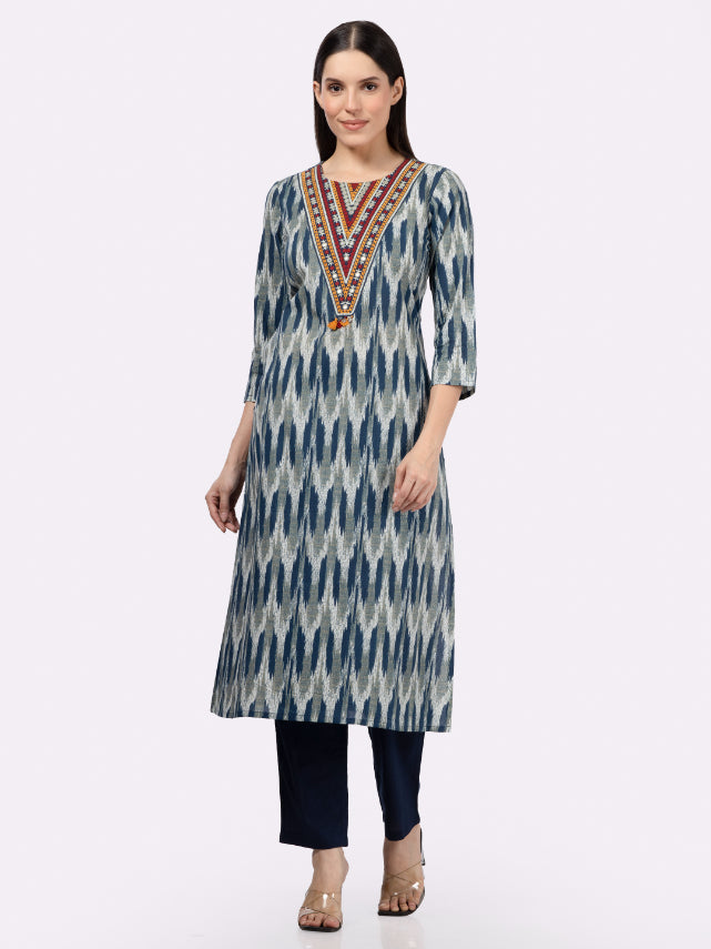 Navy Blue Neck Embroidery Cotton Kurta with Ikat Print
