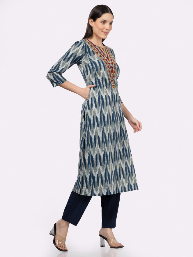Navy Blue Neck Embroidery Cotton Kurta with Ikat Print