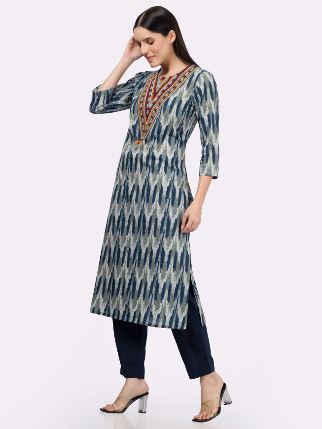 Navy Blue Neck Embroidery Cotton Kurta with Ikat Print