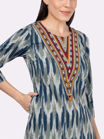 Navy Blue Neck Embroidery Cotton Kurta with Ikat Print