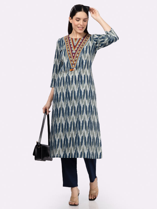 Navy Blue Neck Embroidery Cotton Kurta with Ikat Print