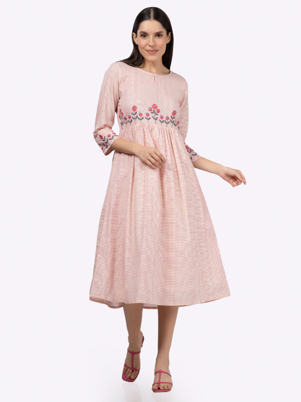 Pink Cotton Embroidered Dress with Micro Grid Print – Saffron Threads