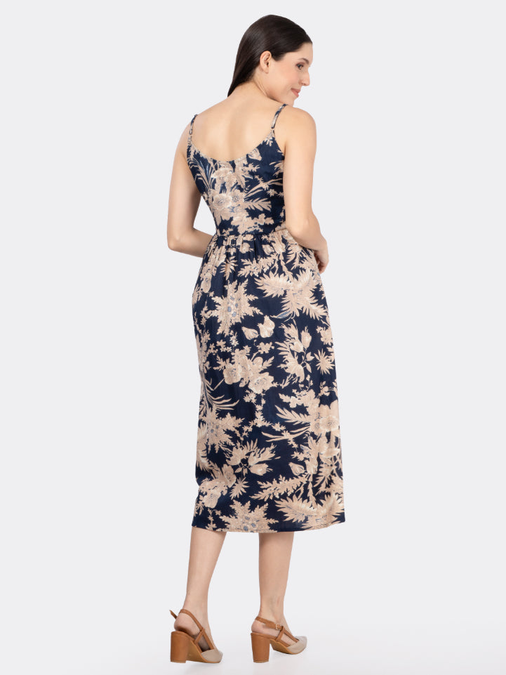 Navy Blue Floral Print Strappy Dress with Lace Inserts