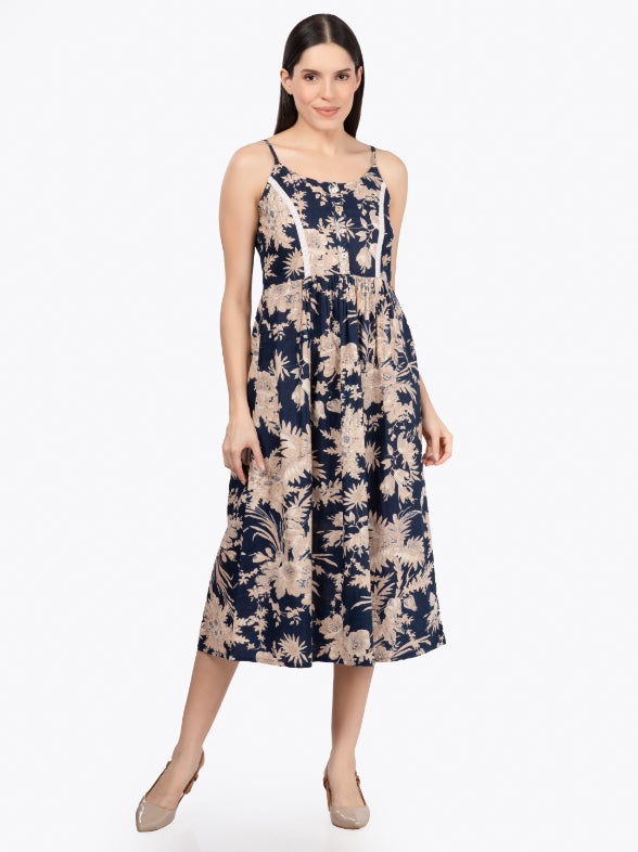 Navy Blue Floral Print Strappy Dress with Lace Inserts
