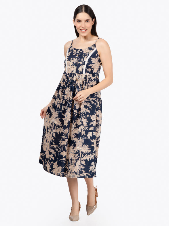 Navy Blue Floral Print Strappy Dress with Lace Inserts