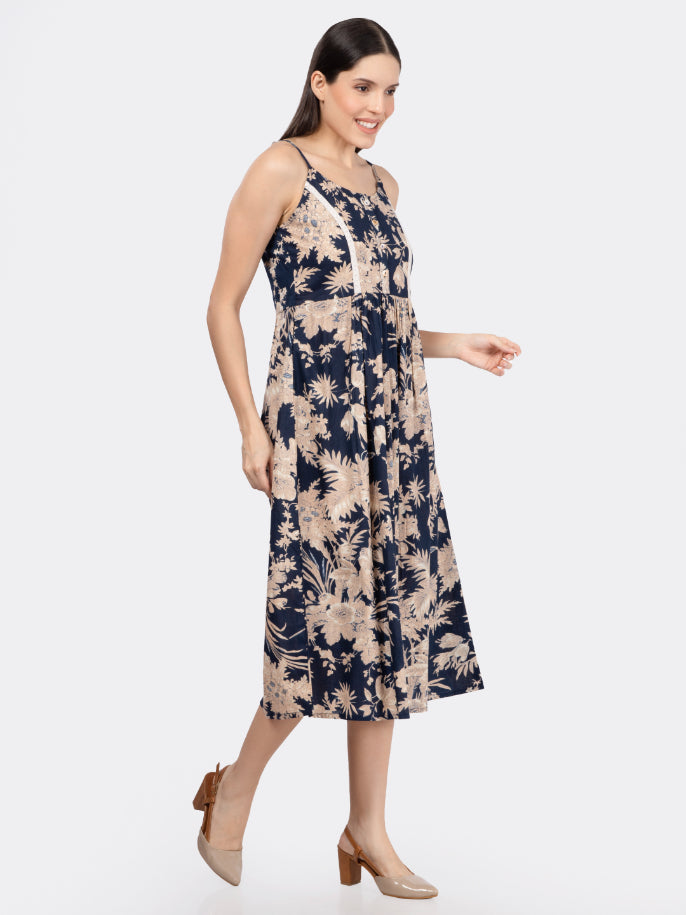 Navy Blue Floral Print Strappy Dress with Lace Inserts