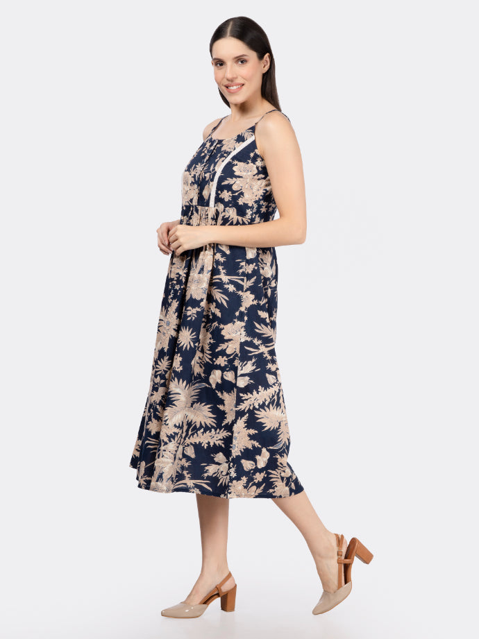 Navy Blue Floral Print Strappy Dress with Lace Inserts