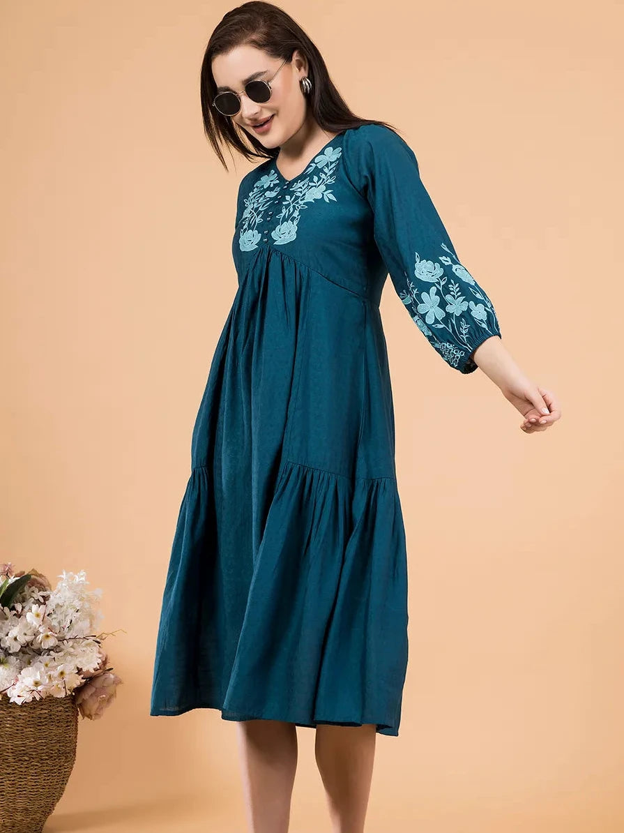 Teal Boho Dress with Floral Embroidery – Saffron Threads