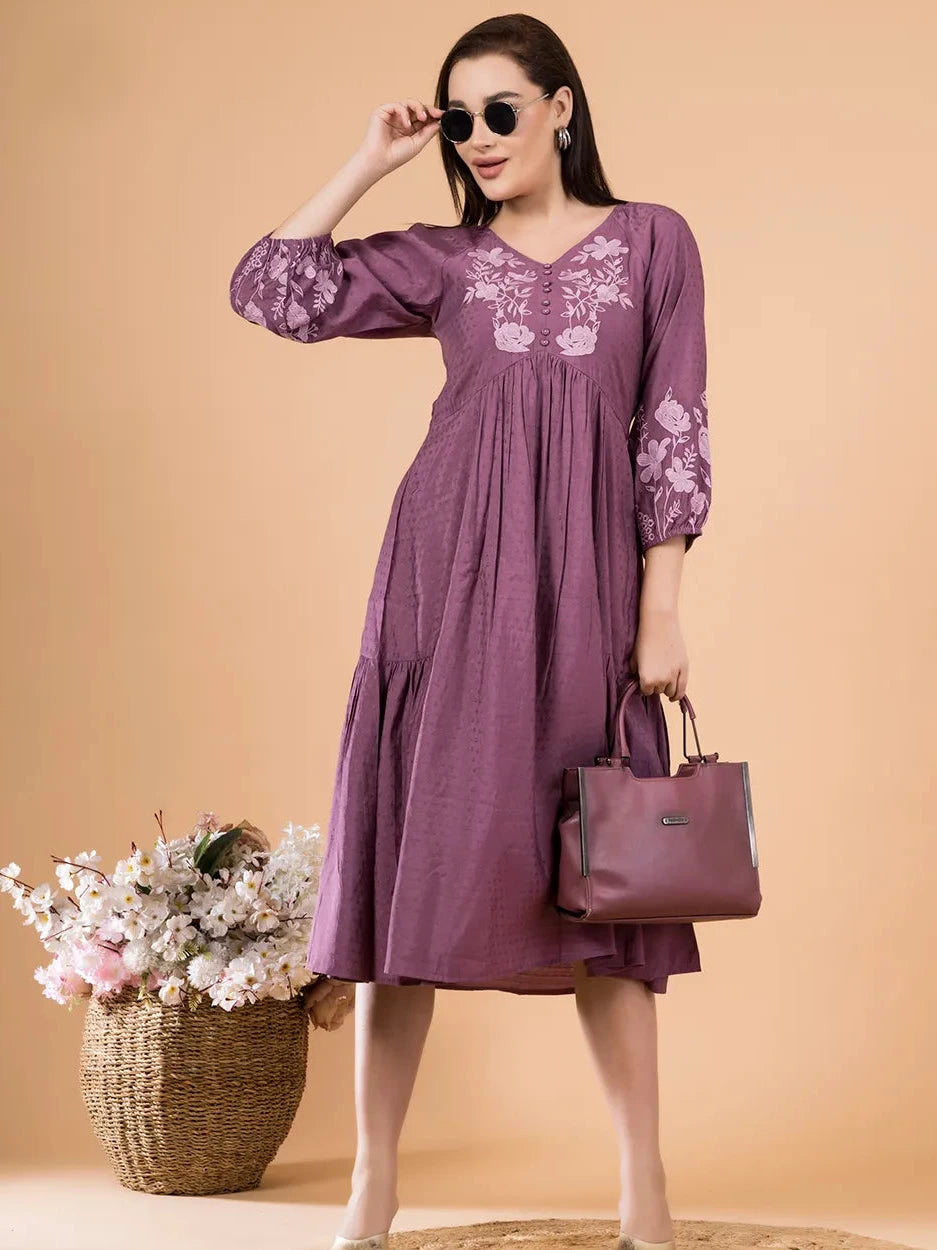 Plum Boho Dress with Floral Embroidery