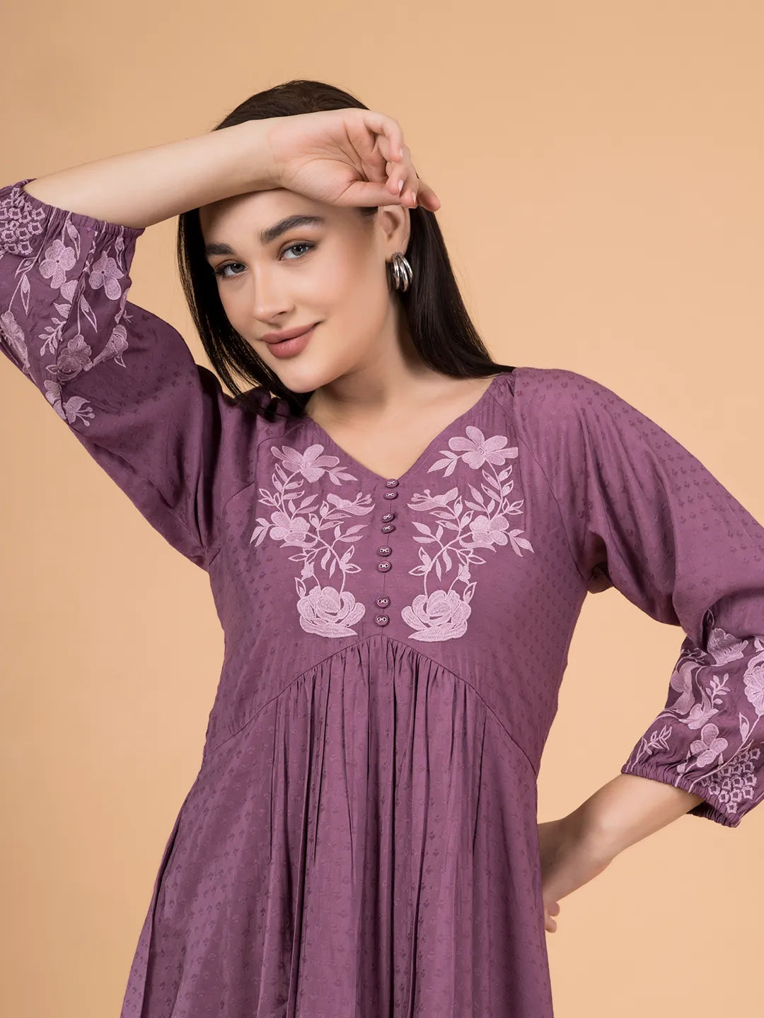 Plum Boho Dress with Floral Embroidery – Saffron Threads