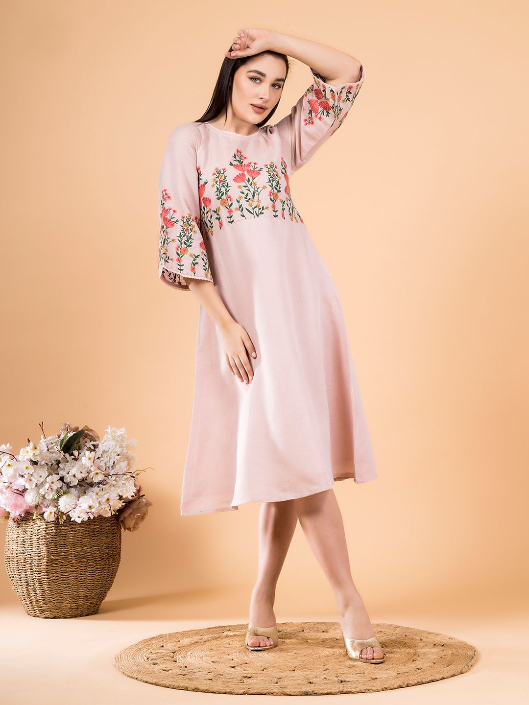 Pastel Pink Serene Bloom Embroidered Dress  Saffron Threads