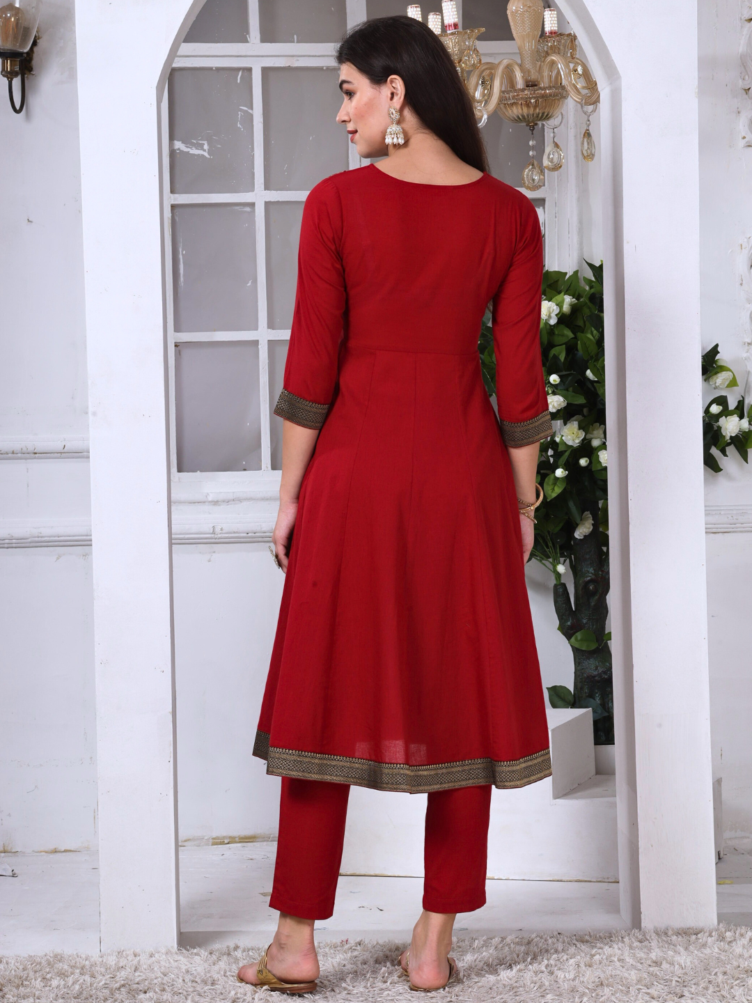 Red Cotton Embroidered Kurta Set with Brocade Lace and Neck Embroidery