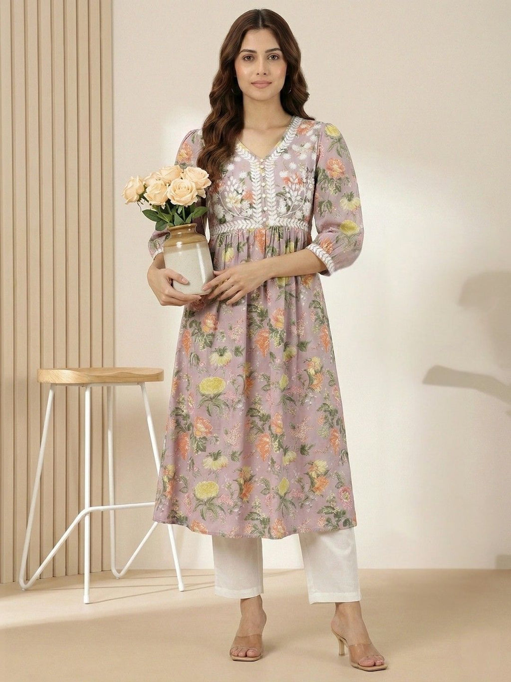 Lilac Floral Print Kurta with Chikankari Embroidery