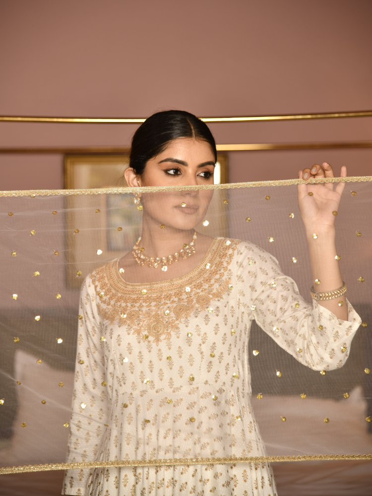 White Dupatta with Sequins Work & Gold Lace Border