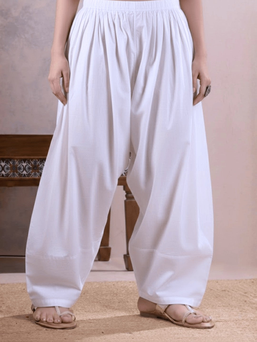 White Farshi Salwar with Elasticated Waist & Couching Detail