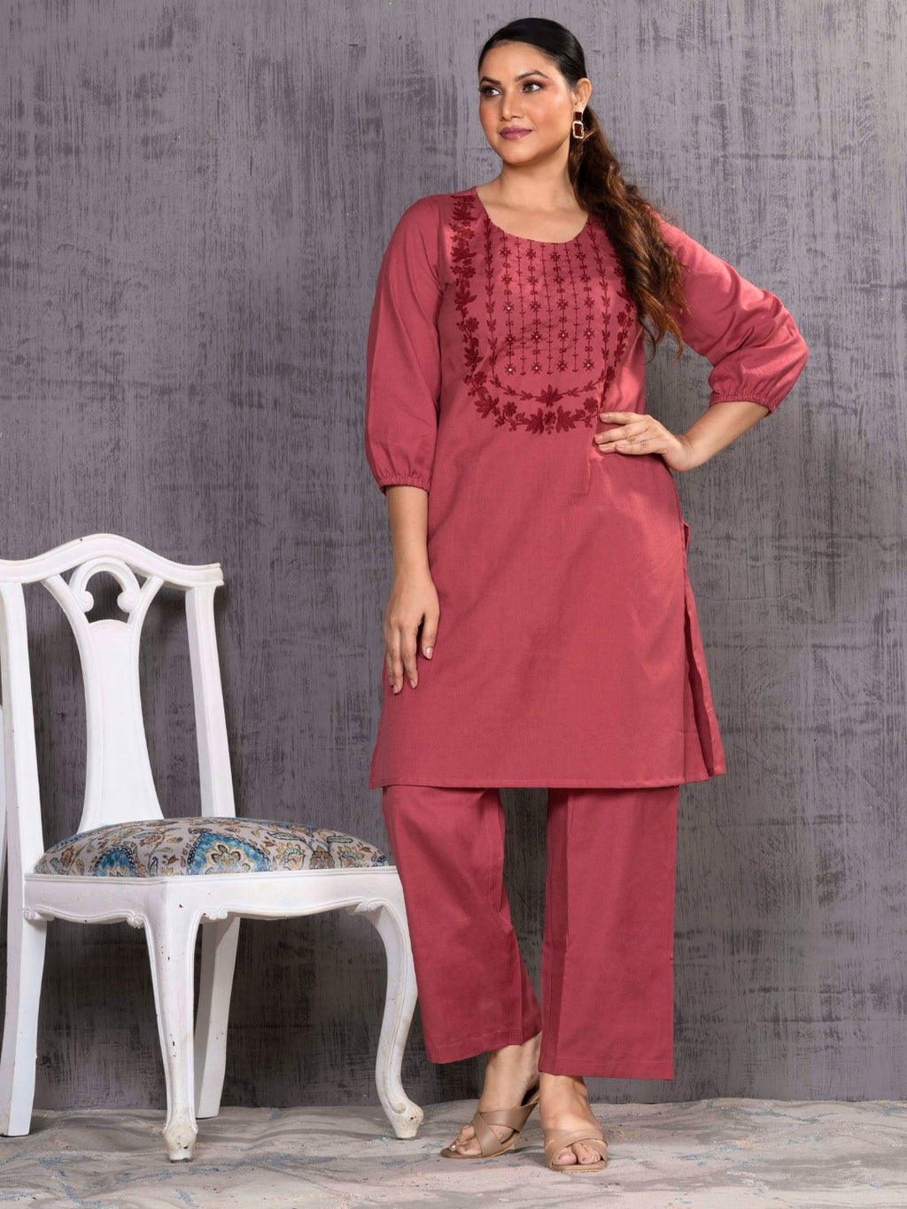 Spiced Coral Tonal Embroidered Straight Kurta Palazzo Set