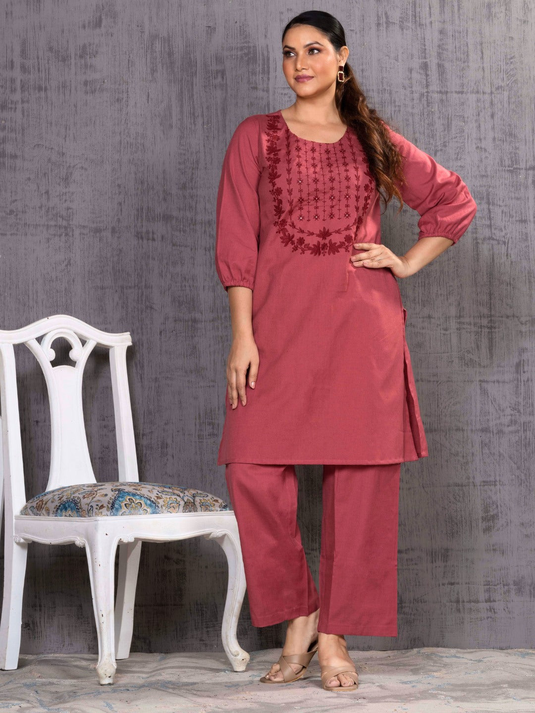 Spiced Coral Tonal Embroidered Straight Kurta Palazzo Set