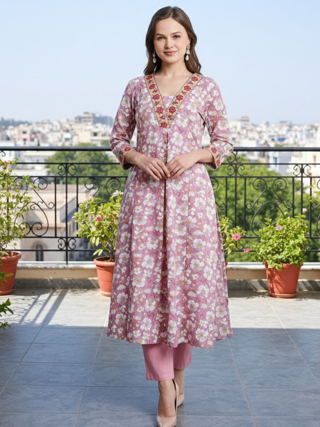 Lilac V-Neck Floral Print Kurta with Neck & Sleeve Embroidery