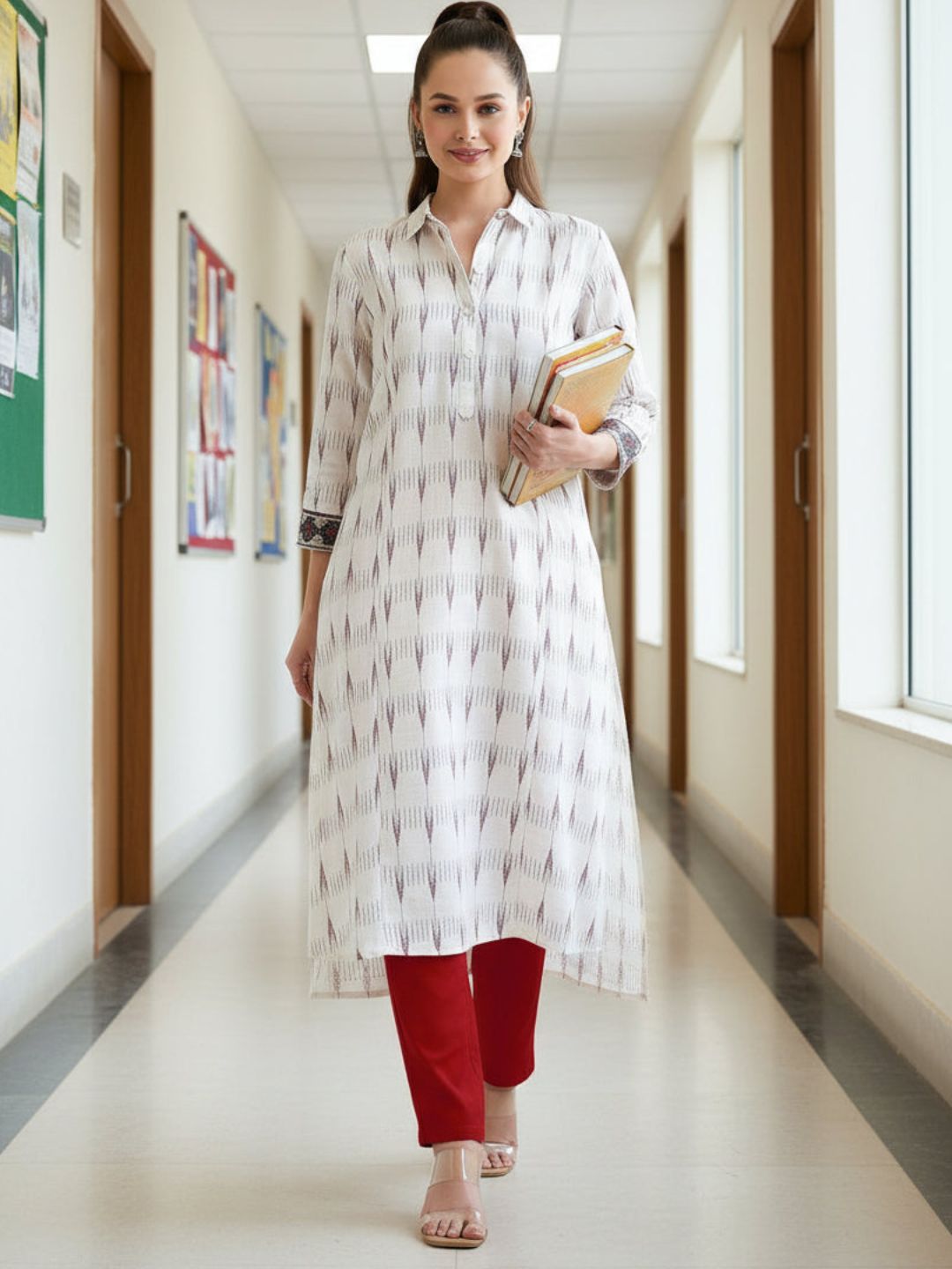 Natural Kurta with Red Arrow Print and Embroidered Sleeves