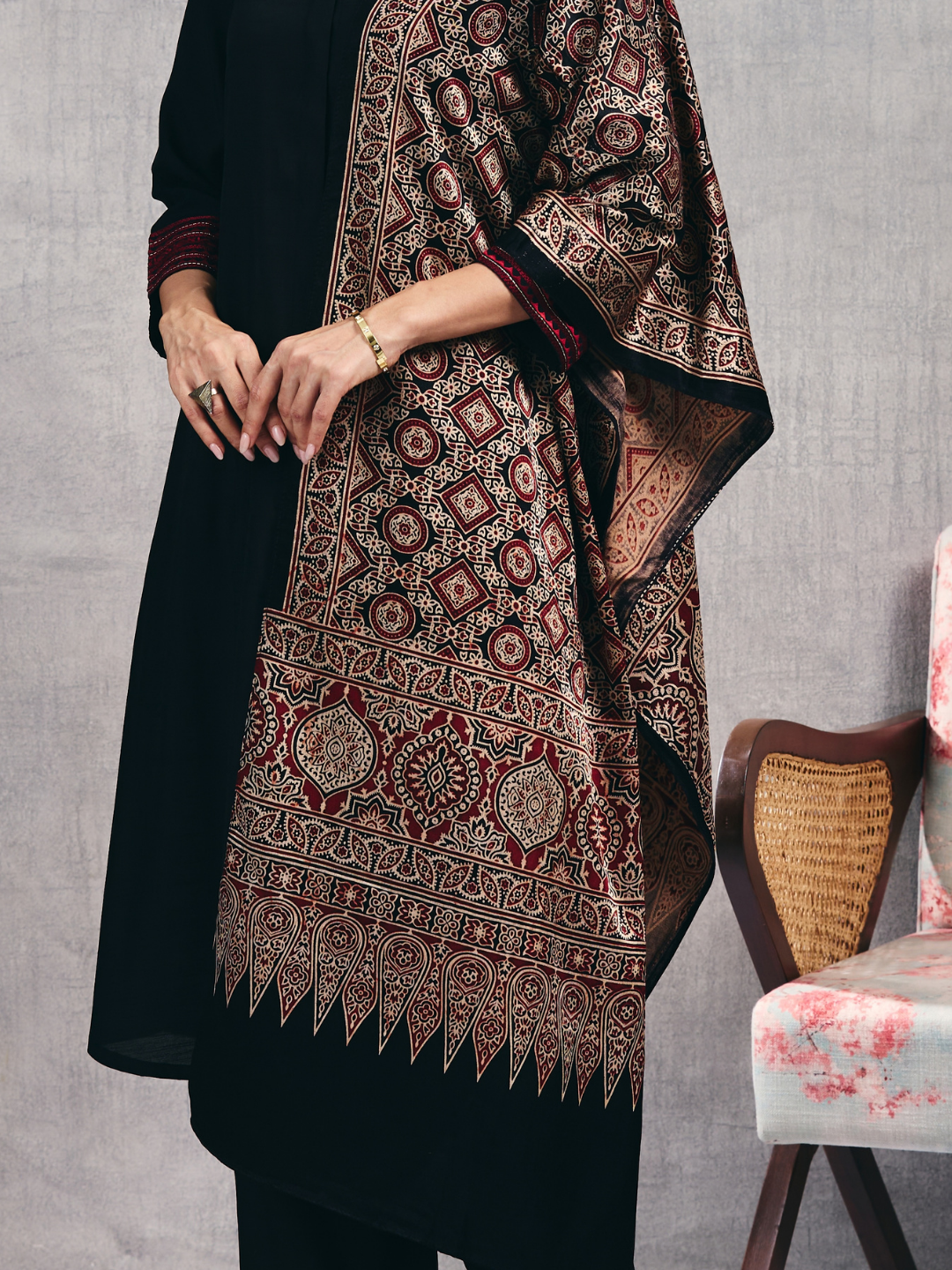 Black Ajrakh Hand Block Printed Mashru Dupatta