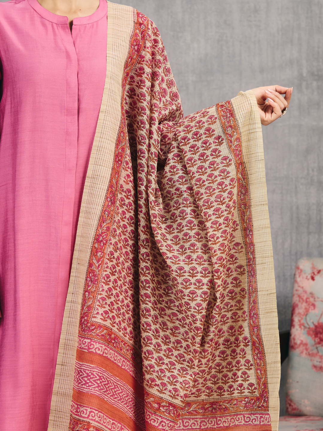 Pink Hand Block Printed Chanderi Dupatta