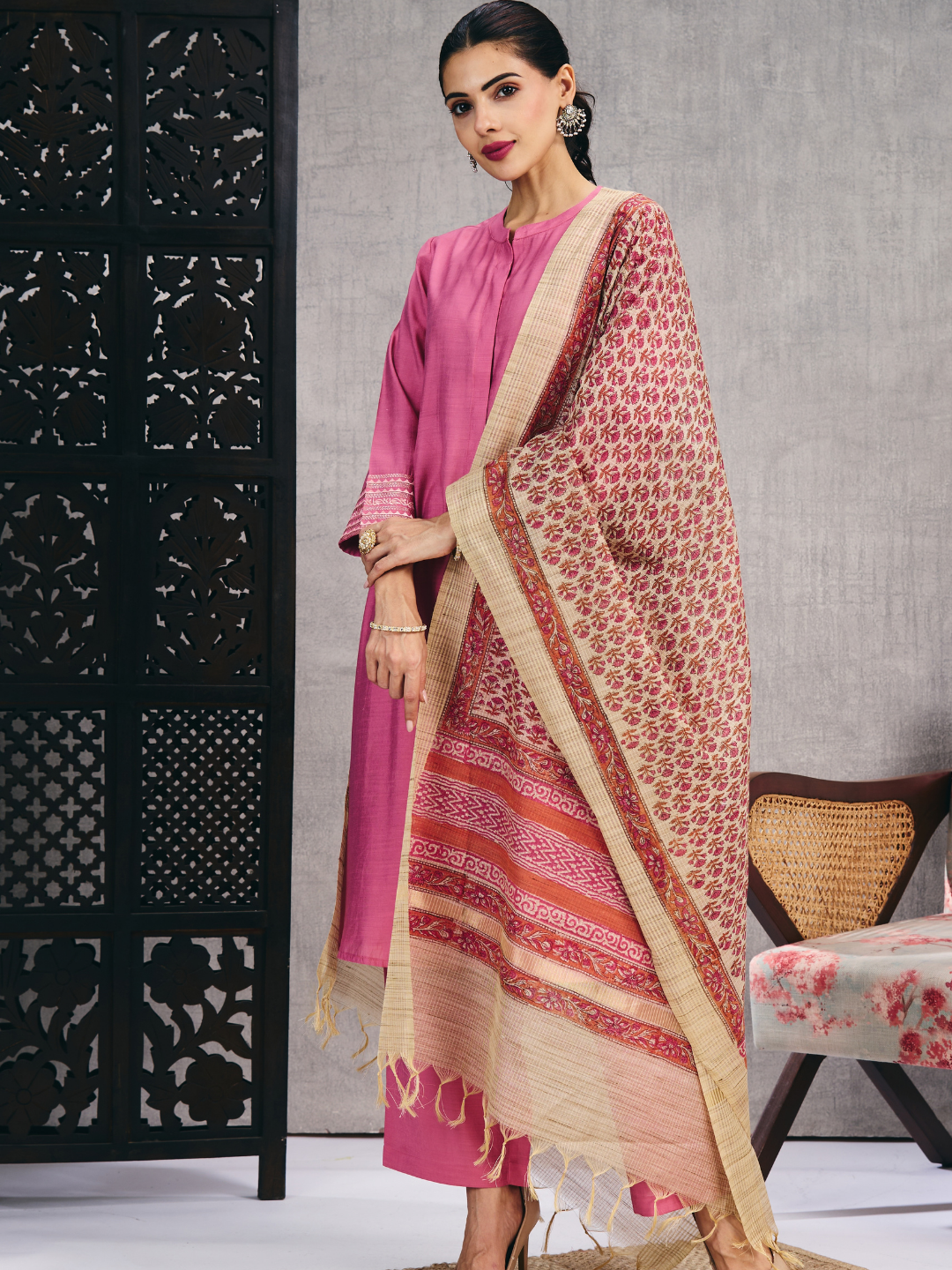 Pink Hand Block Printed Chanderi Dupatta