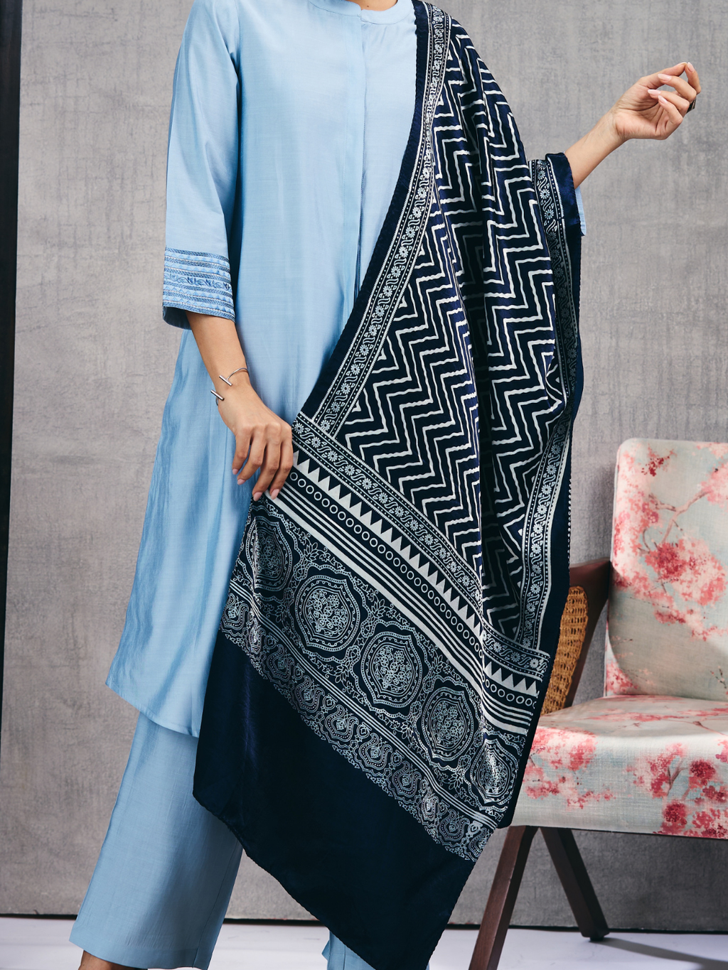 Blue Ajrakh Hand Block Printed Mashru Dupatta