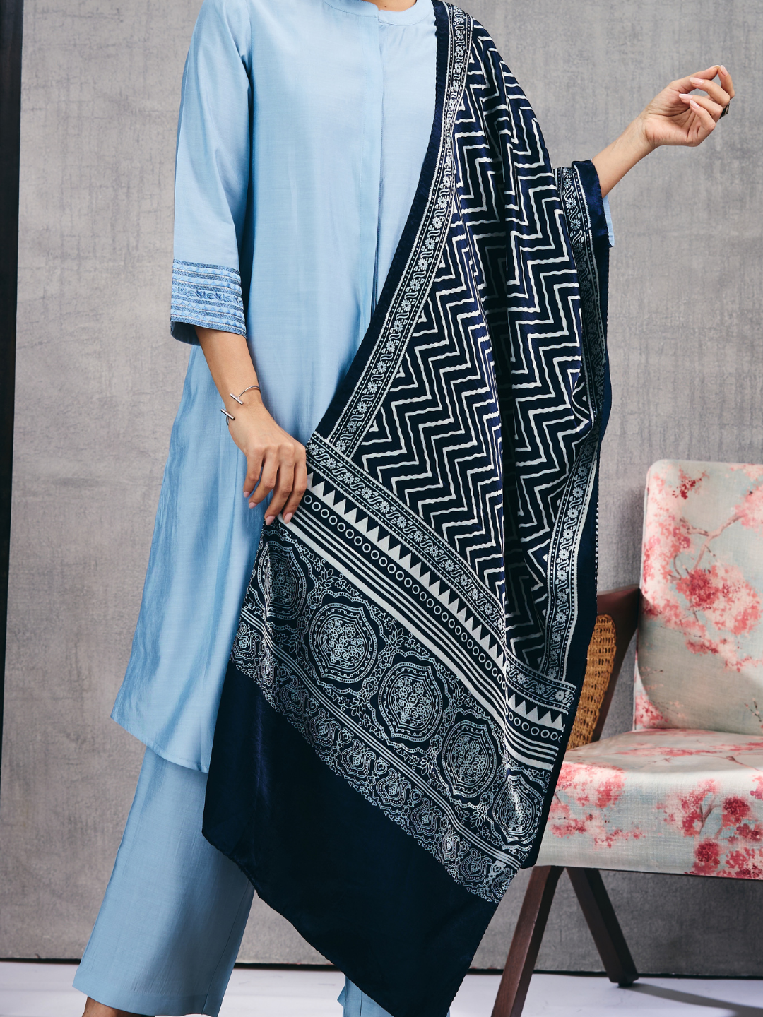 Blue Ajrakh Hand Block Printed Mashru Dupatta