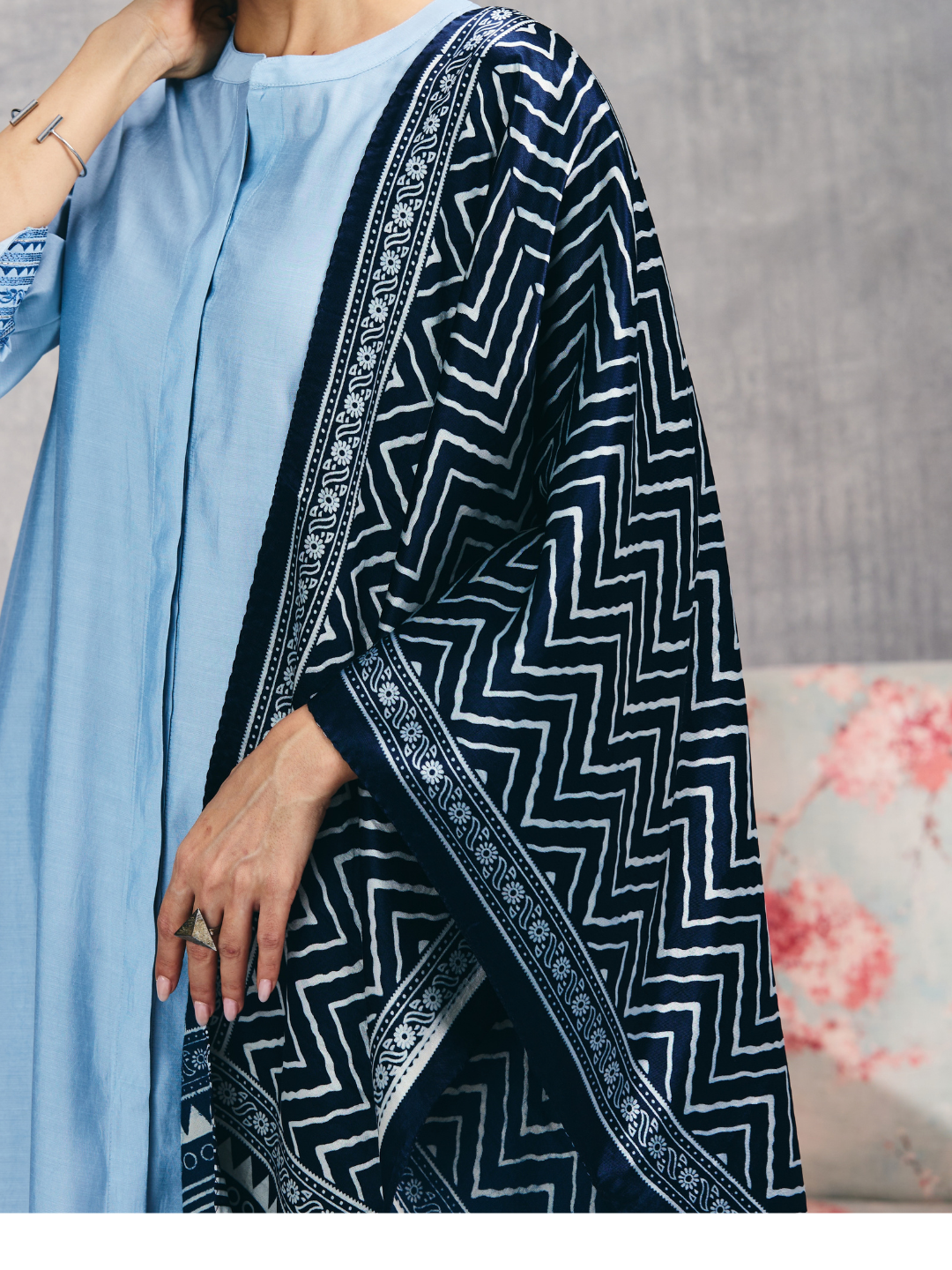 Blue Ajrakh Hand Block Printed Mashru Dupatta