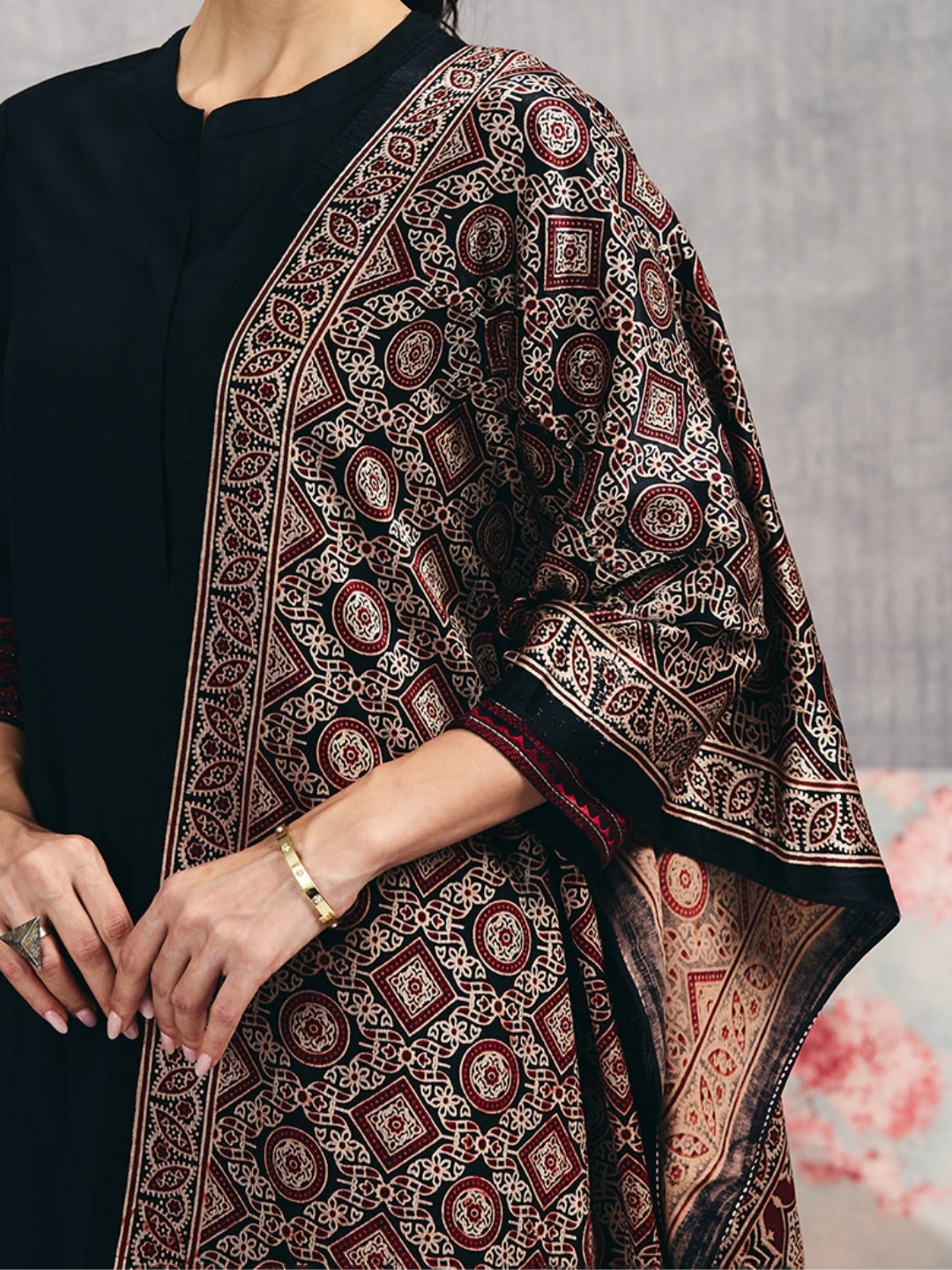 Black Ajrakh Hand Block Printed Mashru Dupatta