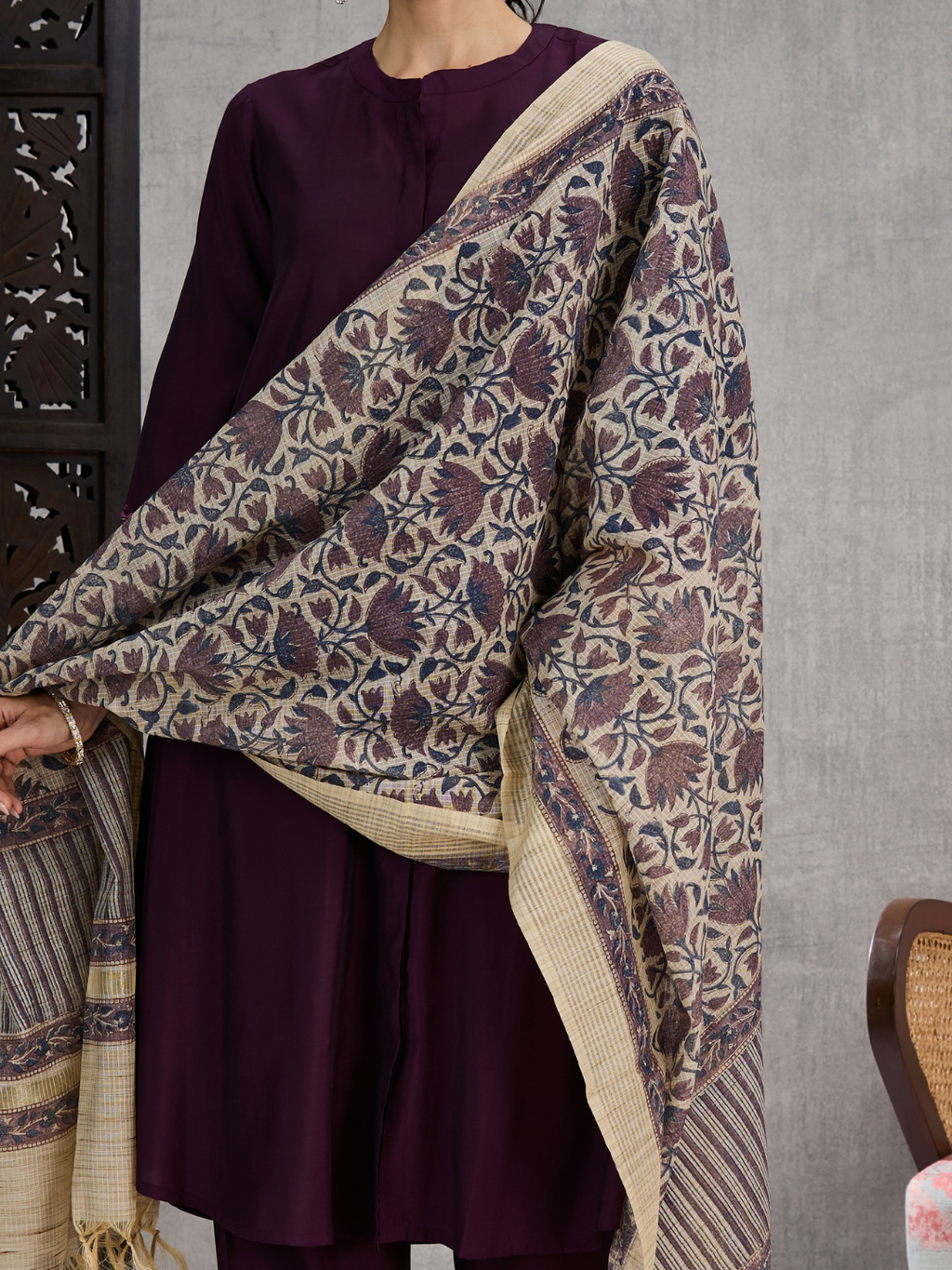 Purple Hand Block Printed Chanderi Dupatta
