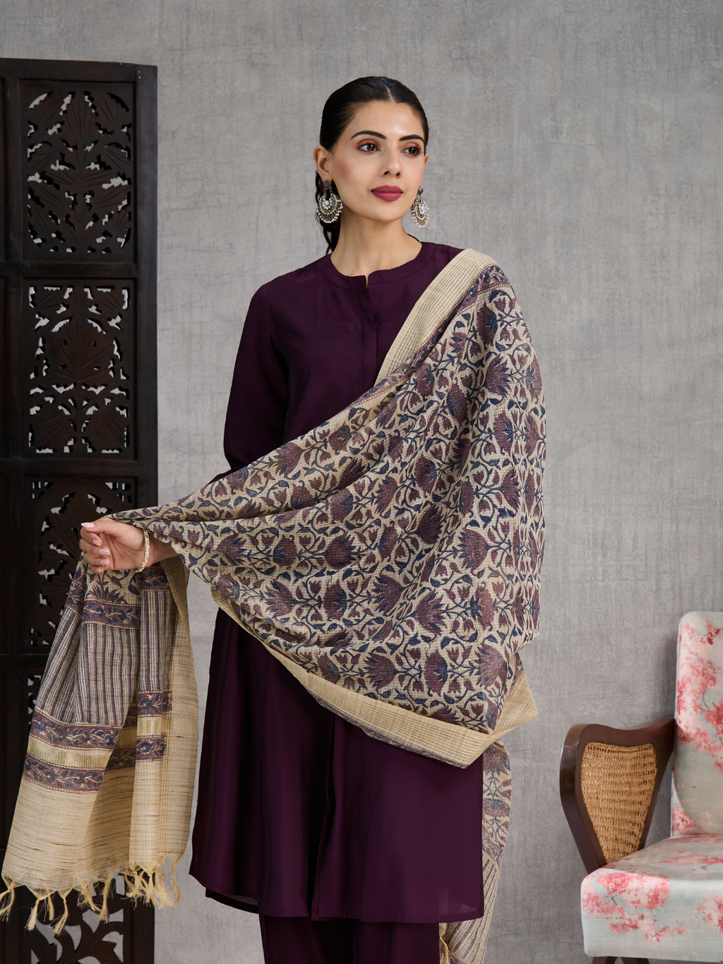 Purple Hand Block Printed Chanderi Dupatta