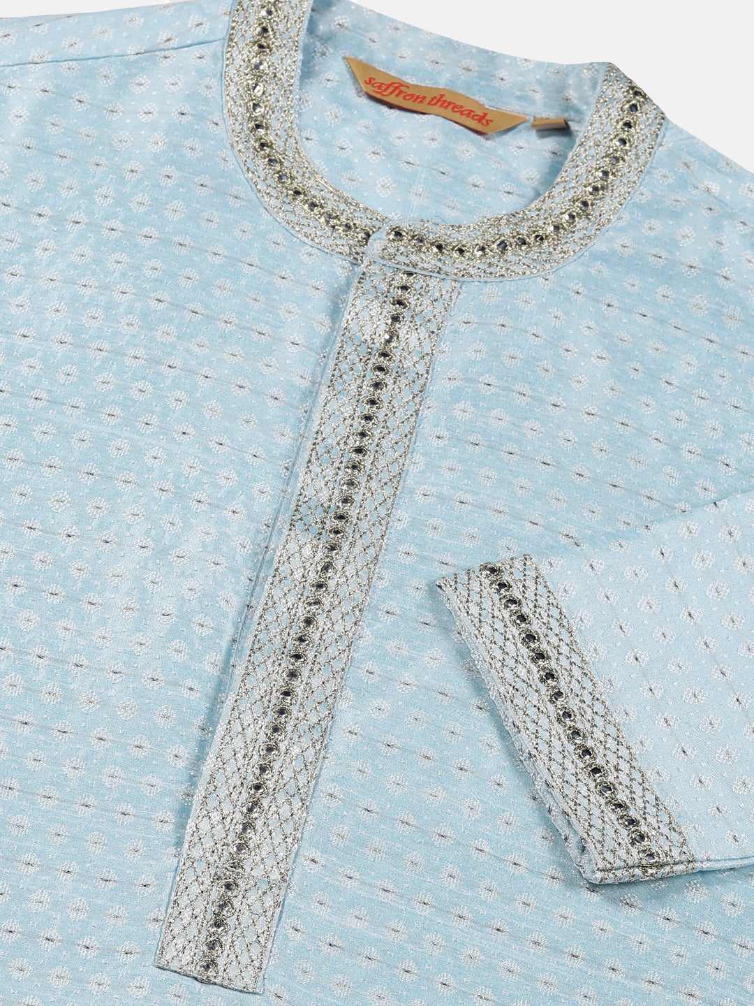 Blue Art Silk Jacquard Kurta with Mirror Embroidery