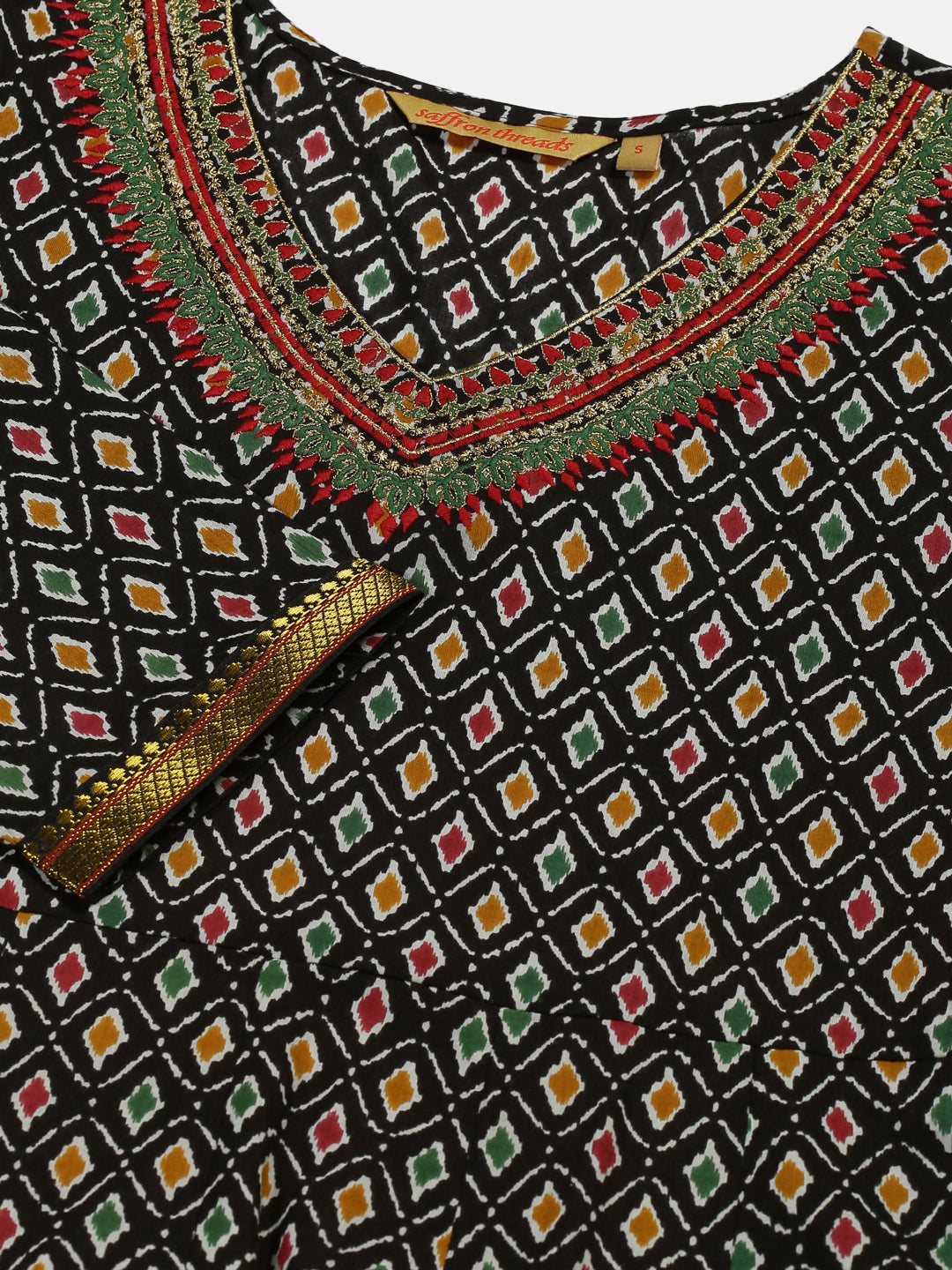 Black Ikat Print Anarkali Kurta with Neck Embroidery