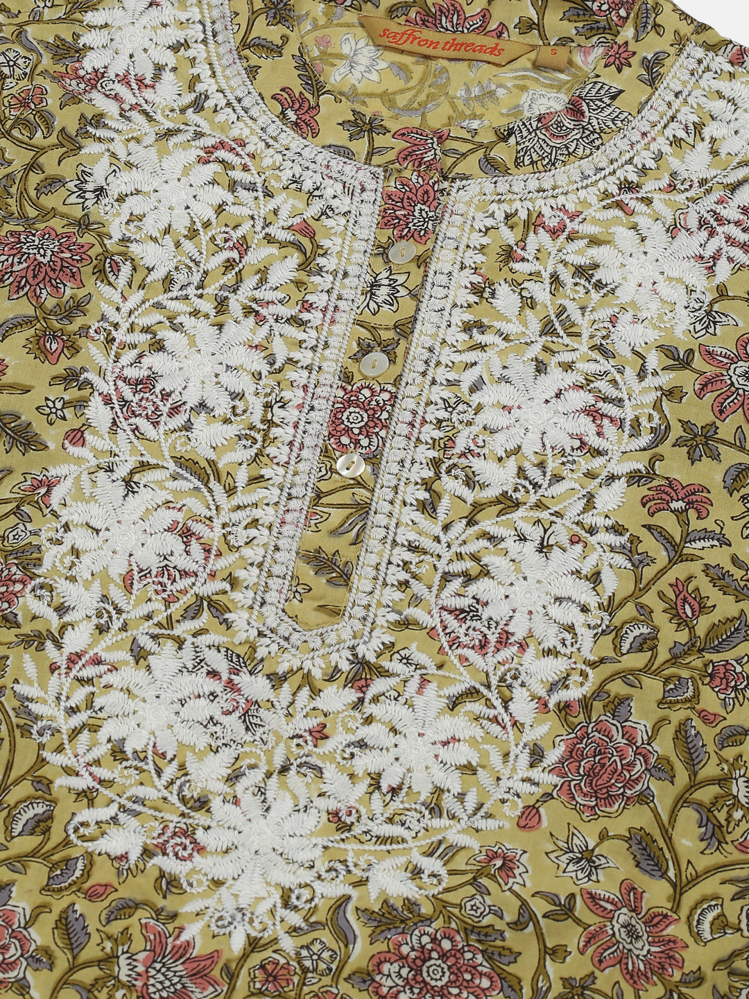 Yellow Floral Print Tunic with Lucknowi Chikankari Embroidery