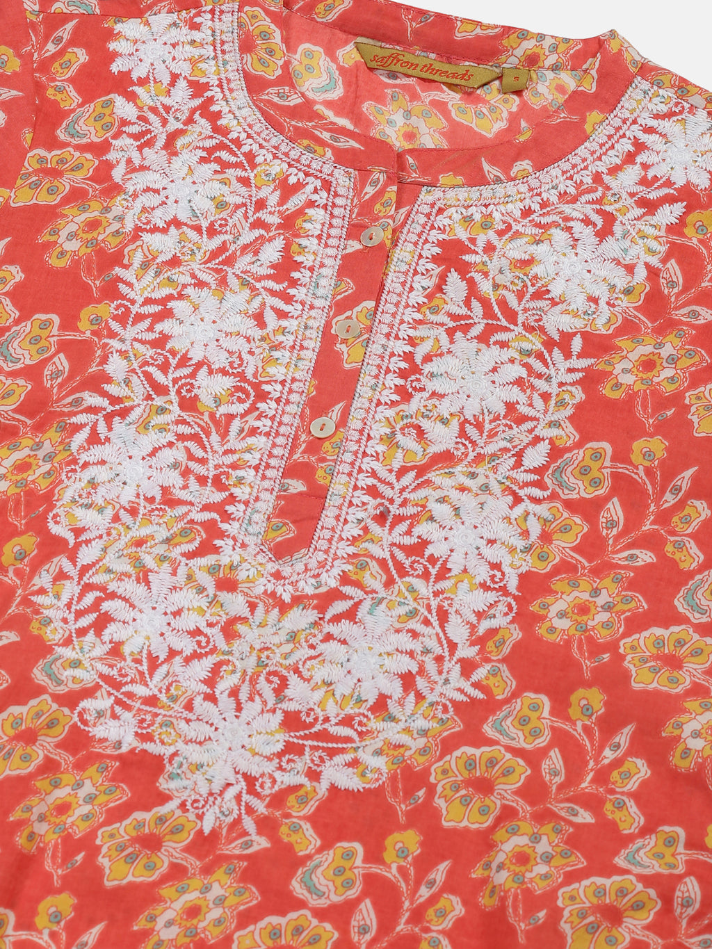 Coral Floral Print Tunic with Lucknowi Chikankari Embroidery