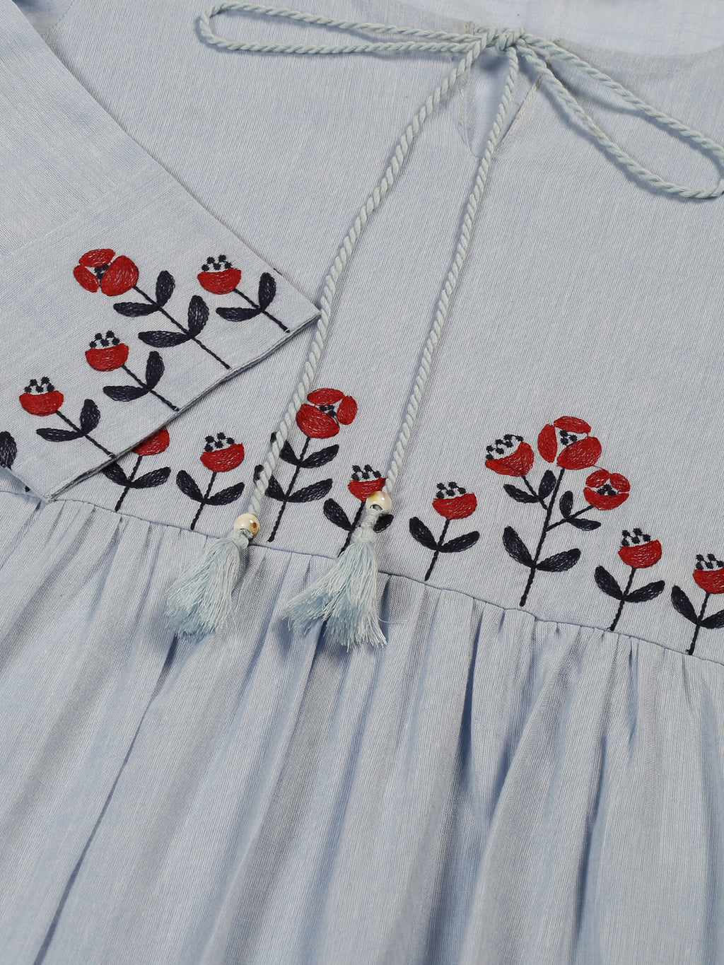 Pastel Blue Empire Midi Dress with Embroidered Details