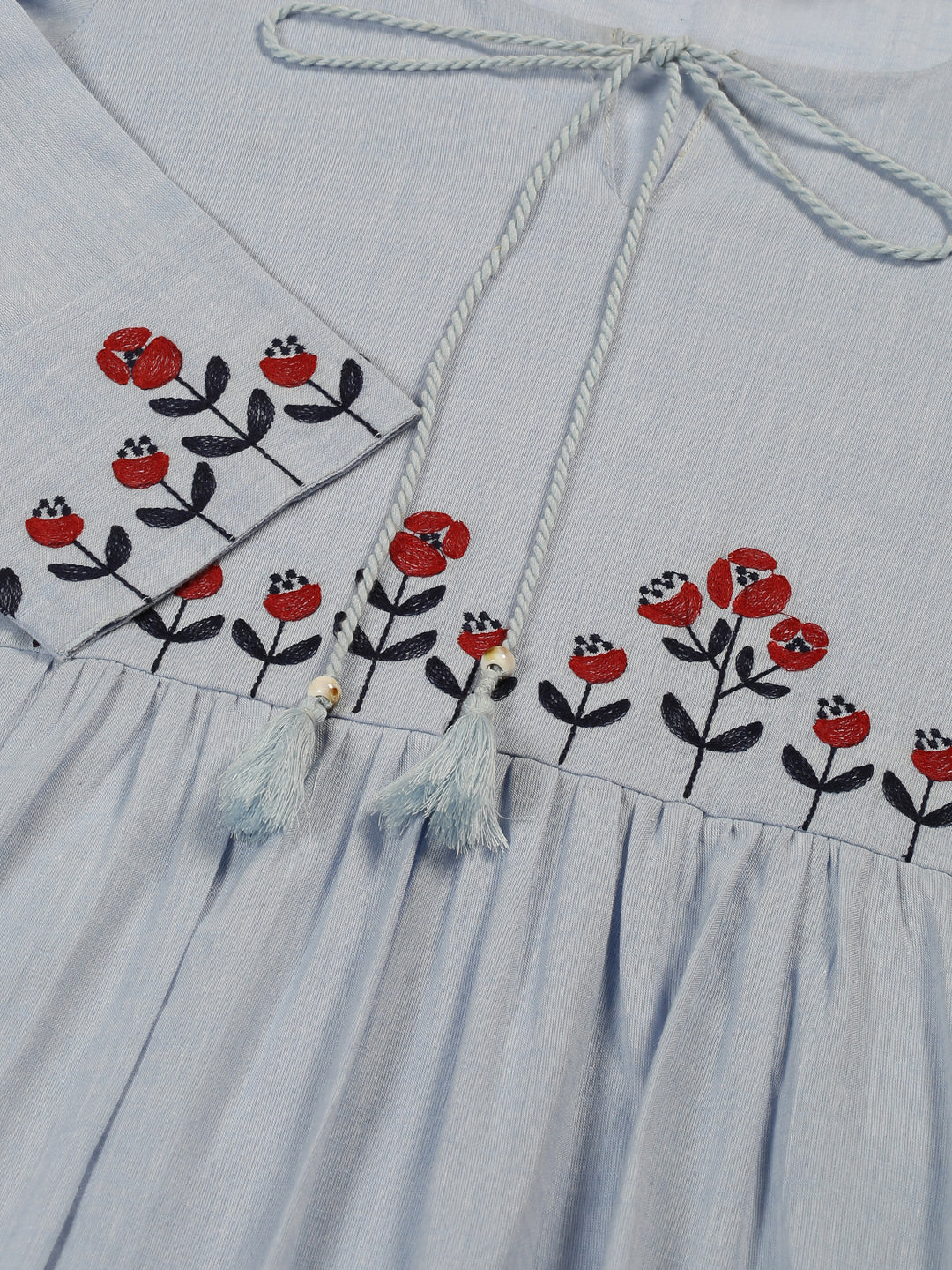 Pastel Blue Empire Midi Dress with Embroidered Details